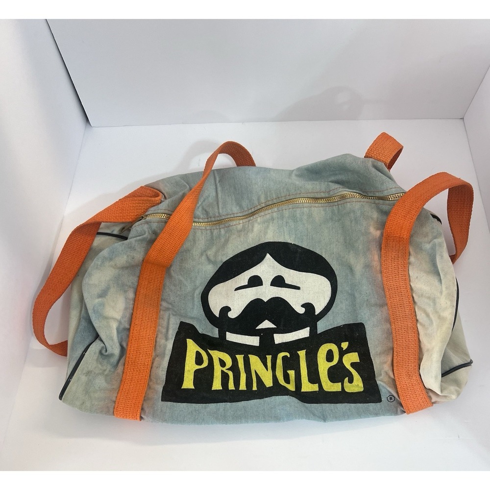 PRINGLES Vintage Denim Duffle Bag  collectible orange strap‎ chips tube